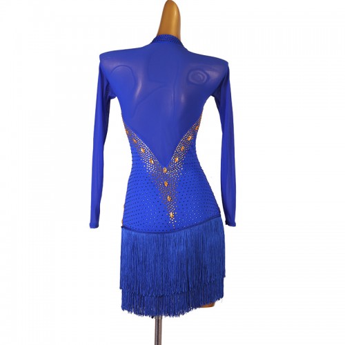 Women Girls Royal Blue Tassels Competition Latin Dance Dresses Side Slit long Sleeves with Gemstones Professional Salsa Cha Cha Rumba Dance Wear For Girl